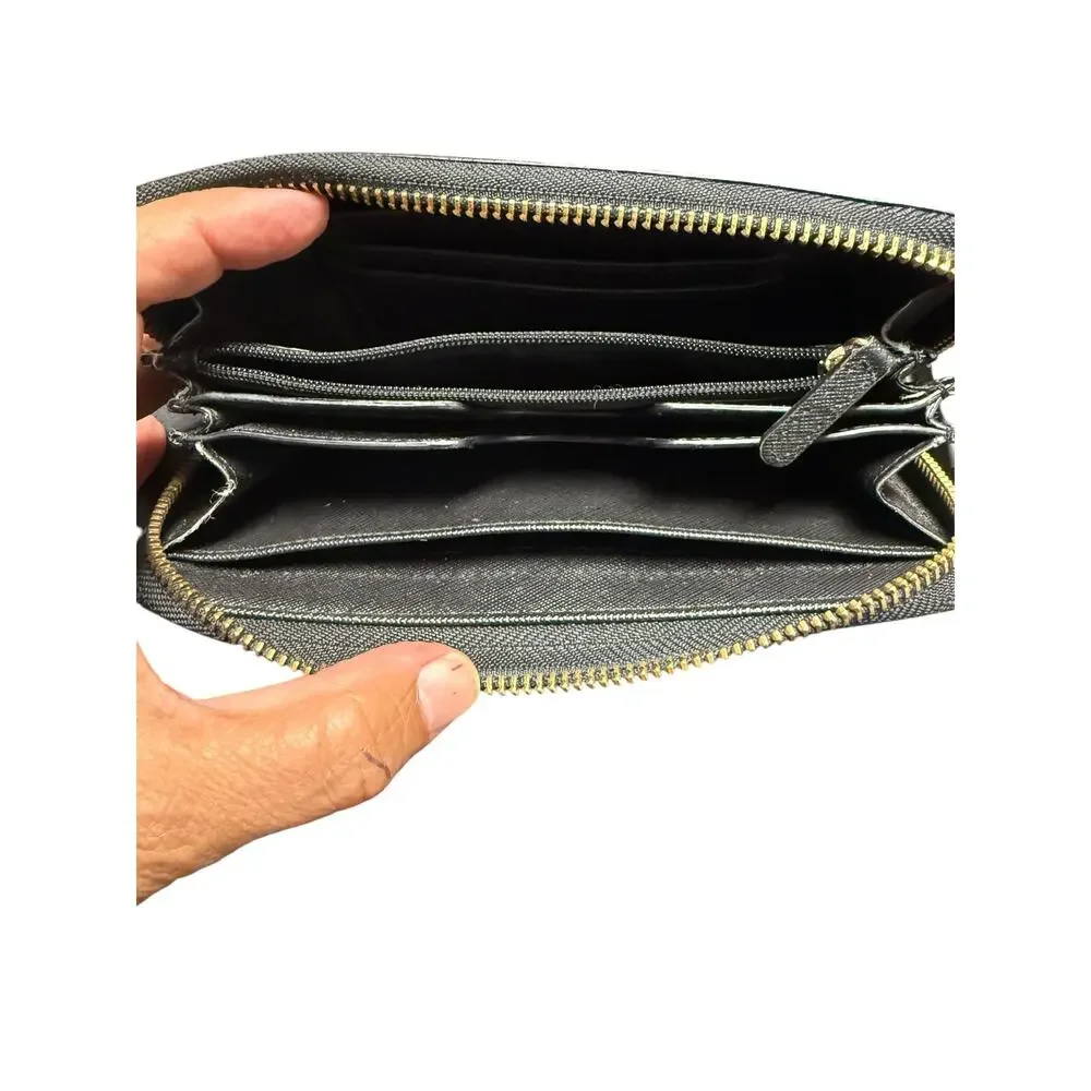 Michael Kors Jet Set Black Pebbled Leather Wallet Travel Luxury Zip Around